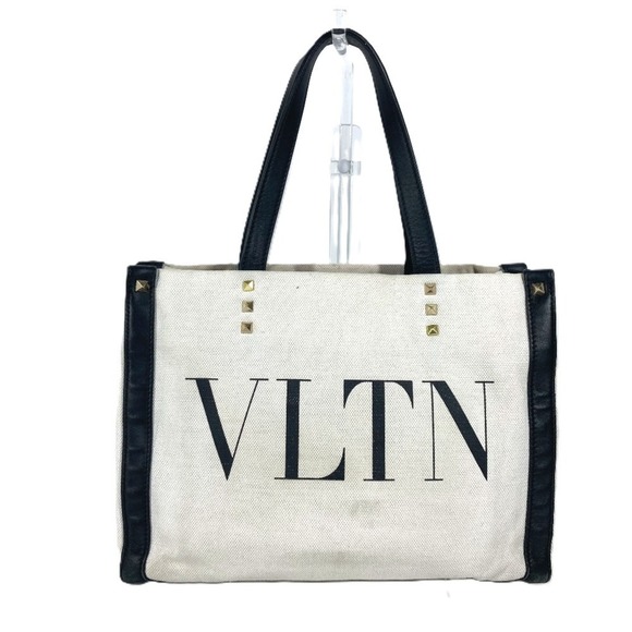 VALENTINO Valentino logo studs bag shoulder tote canvas leather men women white - Picture 1 of 10